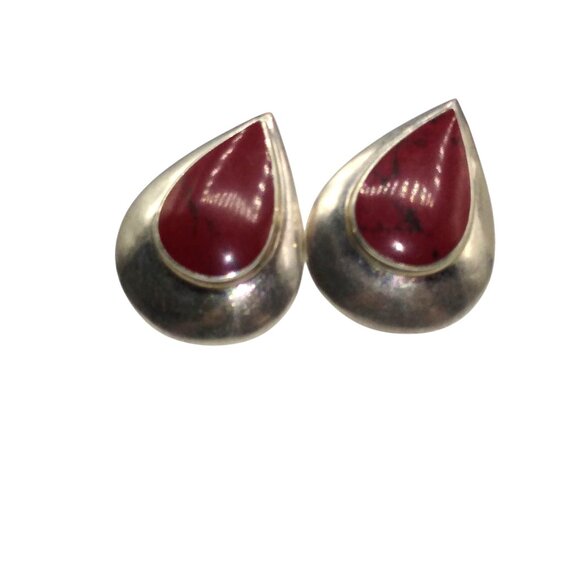 Bloodstone Bezel Set Cabochon Earrings, Sterling Silver Teardrop Studs - Picture 3 of 5